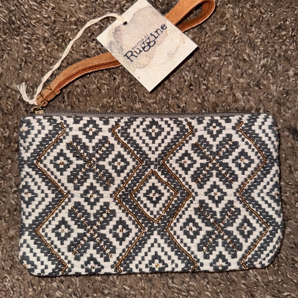Gray and Brown Patterned Beaded Clutch